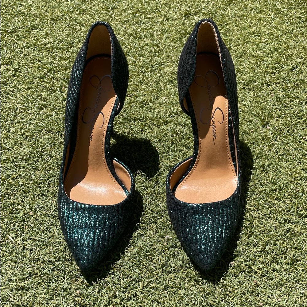 Elegant Jessica Simpson Green Shimmer D'Orsay Pointed-Toe Heels